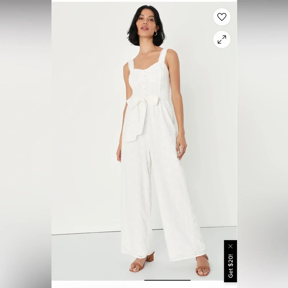 LuLus Sweetest Angel Ivory Eyelet Embroidered Tie-Front Jumpsuit. Size Large.